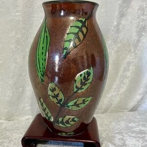 Rich Saddle‎ Brown 10” Vase w/ Shimmers Of Brass -Embossed Leaf Foliage - Signed
